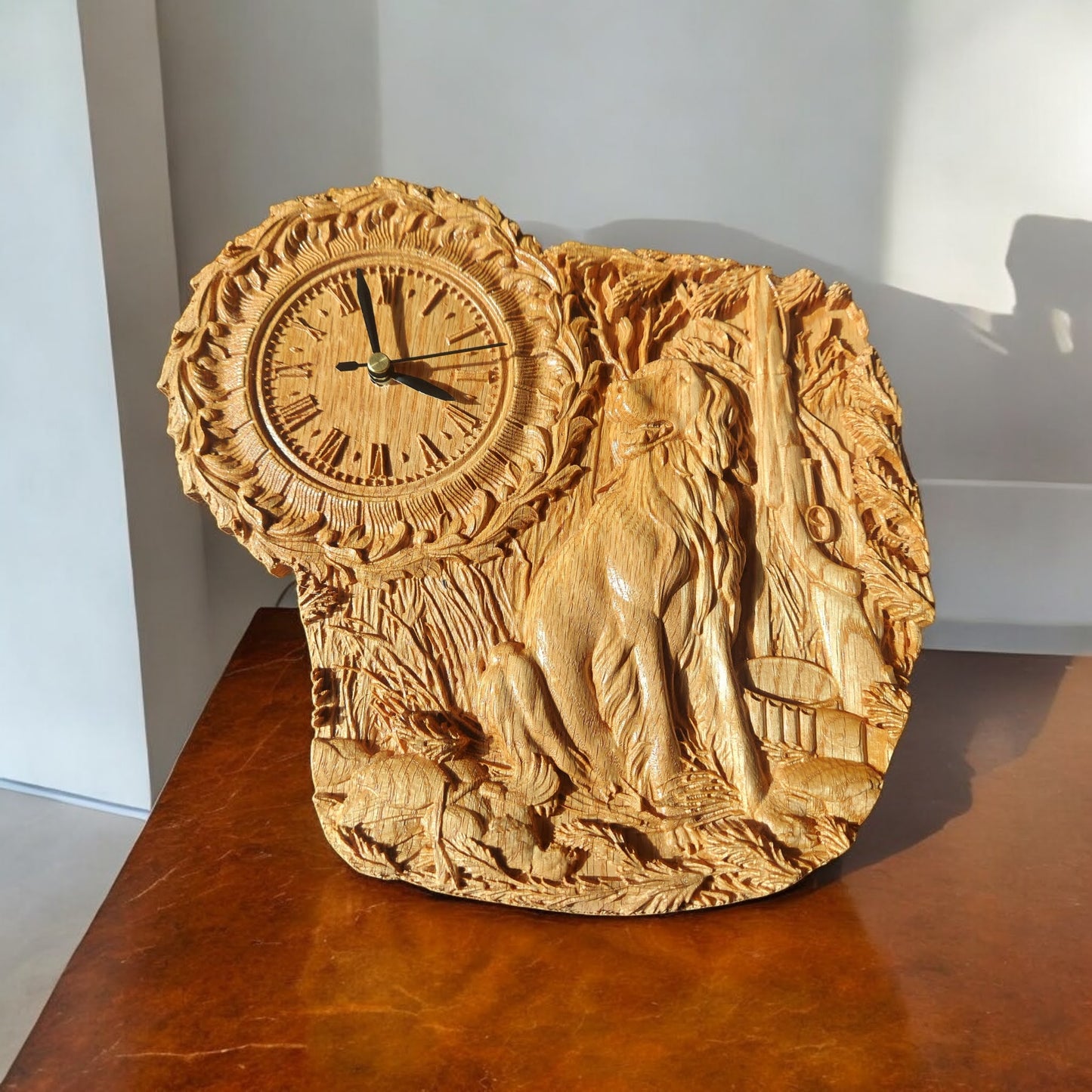 Handcrafted Wooden Wall Clock with Nature Scene - CNC Carved Oak Art.