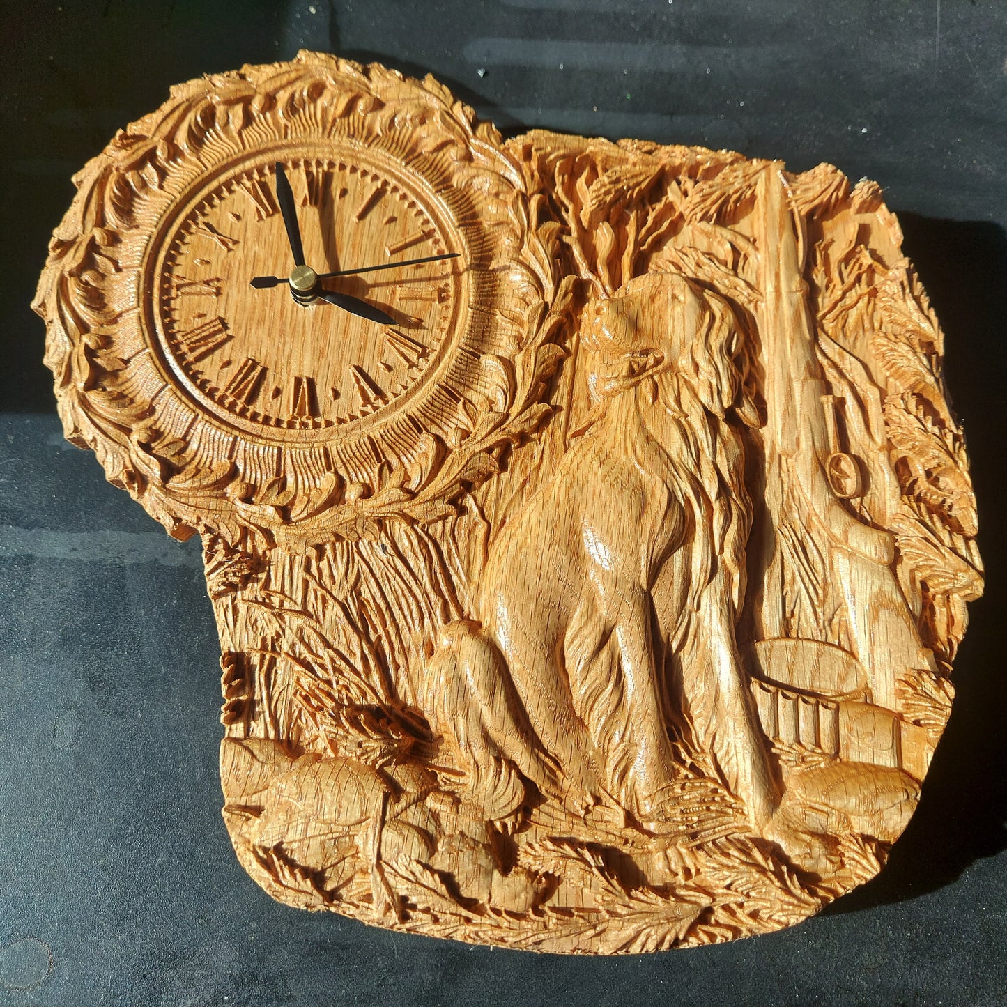 Handcrafted Wooden Wall Clock with Nature Scene - CNC Carved Oak Art.