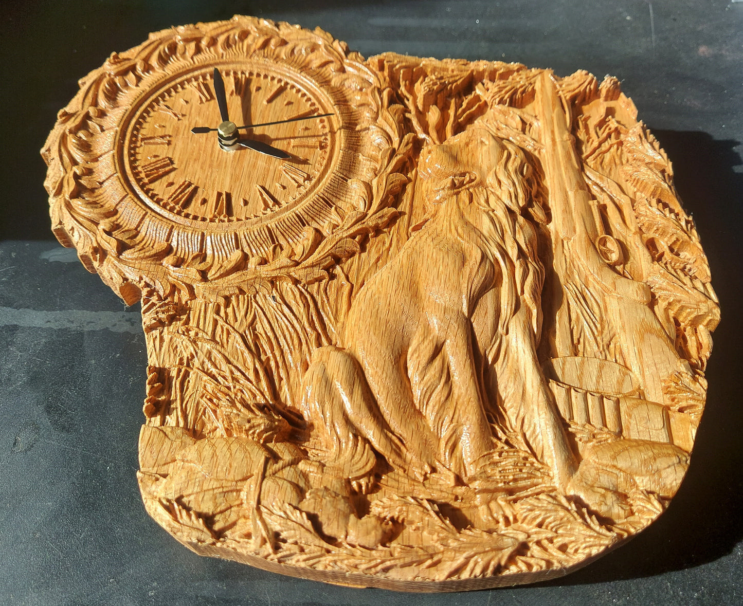 Handcrafted Wooden Wall Clock with Nature Scene - CNC Carved Oak Art.